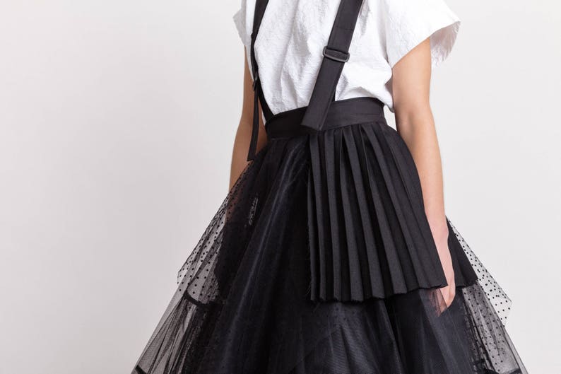 Woman's black tulle skirt / Unique pleated party skirt / Designer dungarees black skirt / Avantgarde skirt / Fasada 18016 image 5