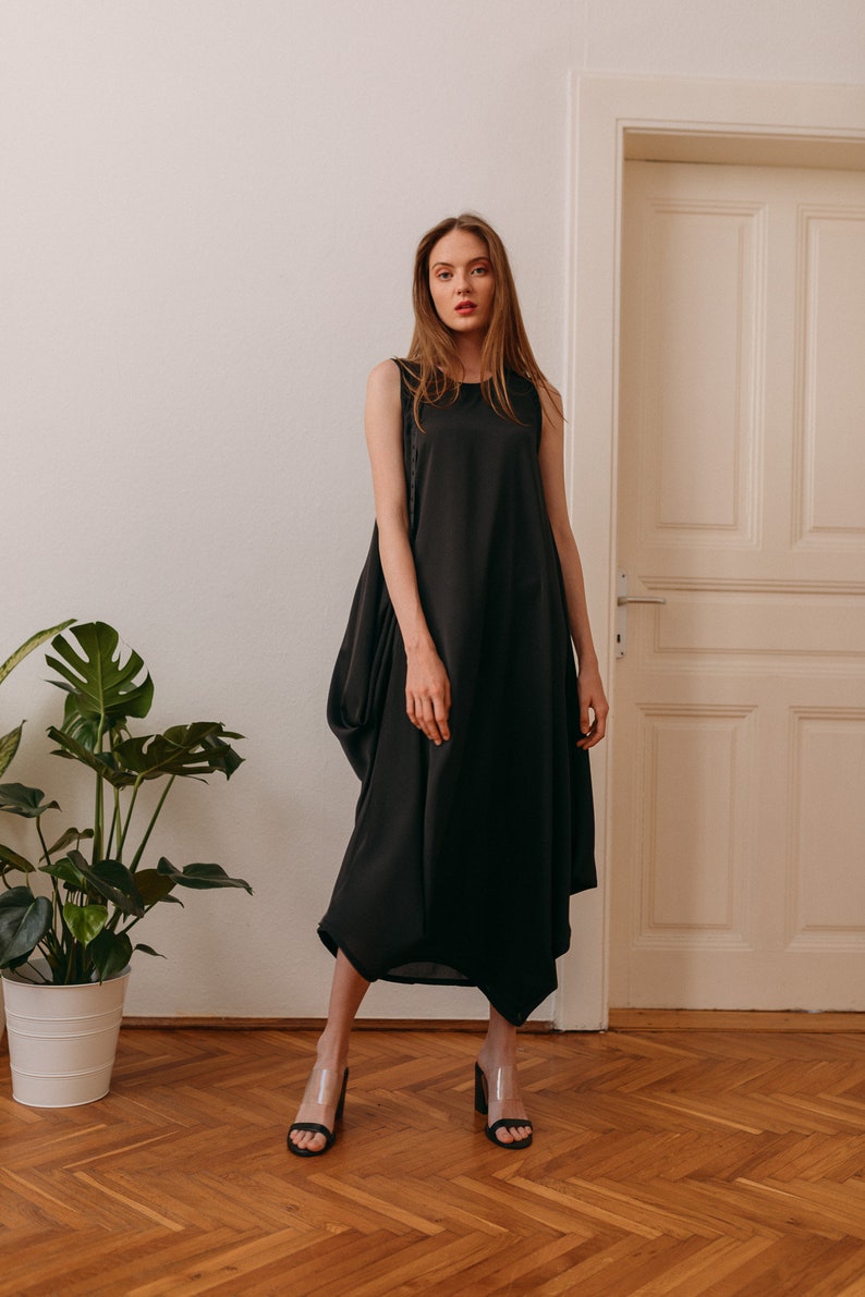 Woman's black long draped dress / loose fit black dress / lagenlook long sleeveless dress / special occasion elegant dress / Fasada 18072 image 1