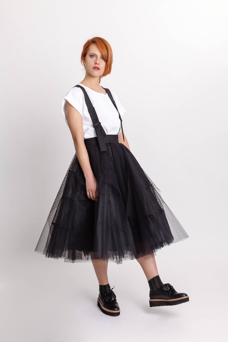 Woman's black tulle skirt / Unique pleated party skirt / Designer dungarees black skirt / Avantgarde skirt / Fasada 18016 image 2