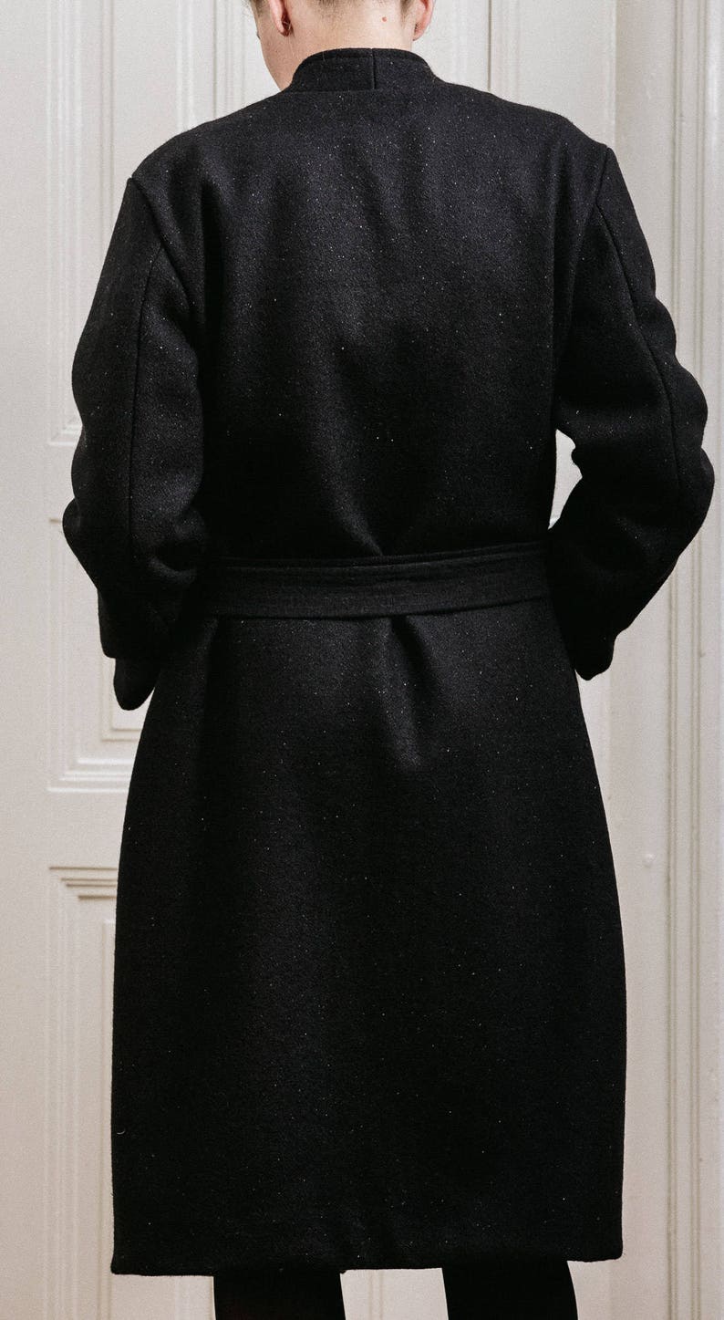 Woman/'s winter black coat Warm long front pockets fashion coat Belt black woman/'s wool coat Elegant woman/'s long coat Fasada 15076-3