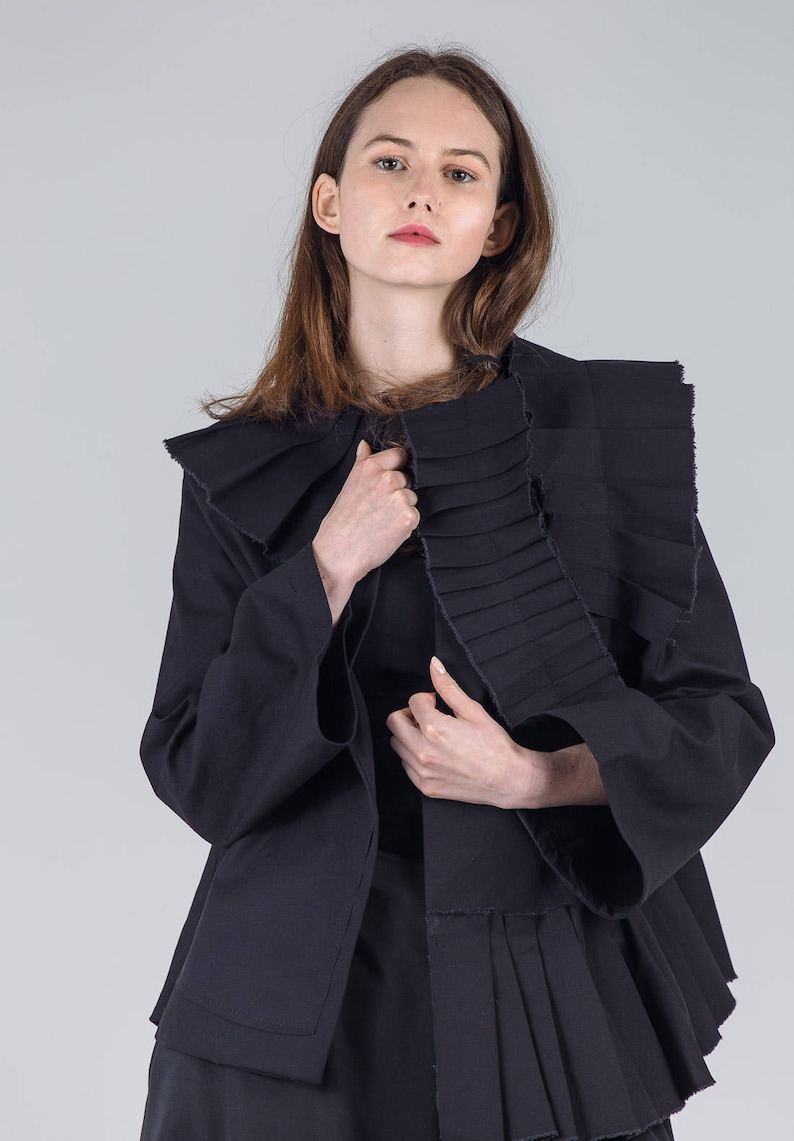 Black pleated avant garde jacket / Woman's unusual cotton jacket / Oversized black pocket jacket / A-line short fashion jacket /Fasada 17093 image 2