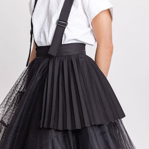 Woman&#39;s black tulle skirt / Unique pleated party skirt / Designer dungarees black skirt / Avantgarde skirt / Fasada 18016
