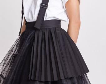 Woman's black tulle skirt / Unique pleated party skirt / Designer dungarees black skirt / Avantgarde skirt / Fasada 18016