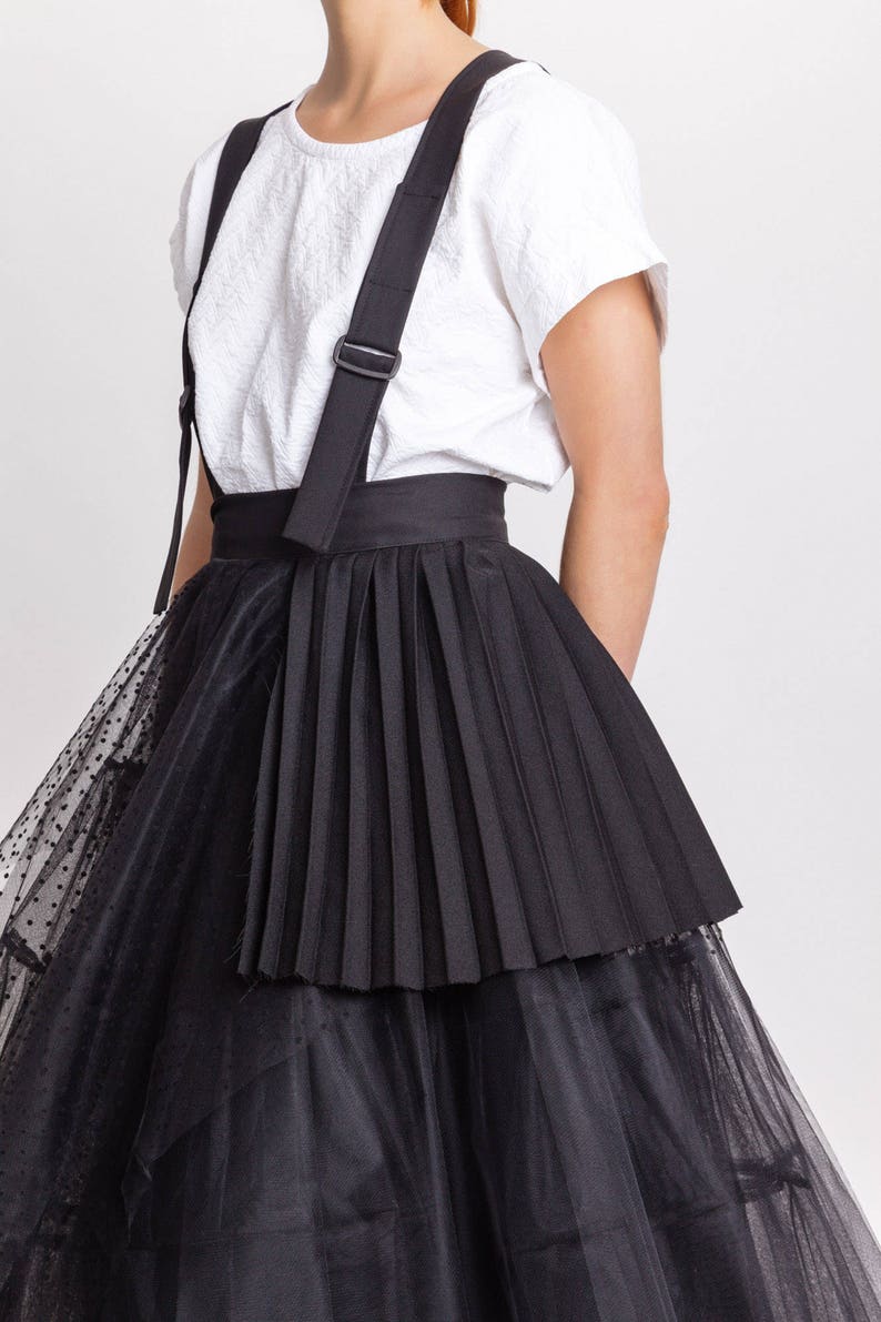 Woman's black tulle skirt / Unique pleated party skirt / Designer dungarees black skirt / Avantgarde skirt / Fasada 18016 image 1