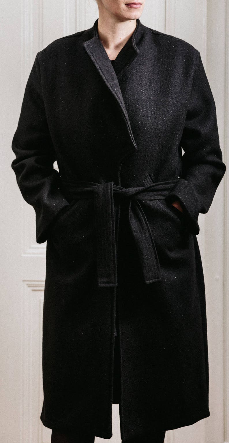 Woman/'s winter black coat Warm long front pockets fashion coat Belt black woman/'s wool coat Elegant woman/'s long coat Fasada 15076-3