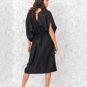 Amazing black woman's dress / midi plus size woman dress / kimono style v neck dress / summer long linen dress / Fasada 19015 image 5
