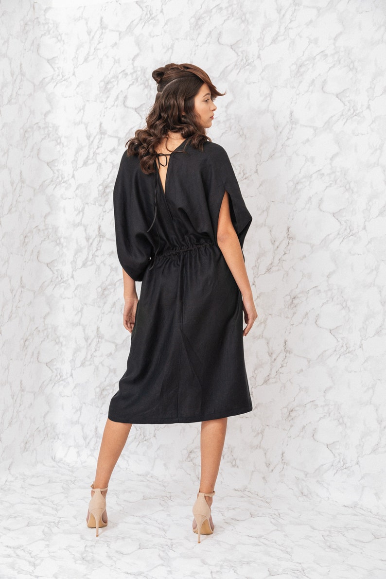 Amazing black woman's dress / midi plus size woman dress / kimono style v neck dress / summer long linen dress / Fasada 19015 image 5