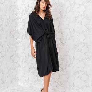Amazing black woman's dress / midi plus size woman dress / kimono style v neck dress / summer long linen dress / Fasada 19015 image 2