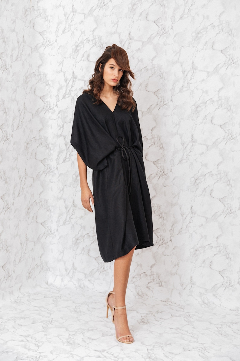 Amazing black woman's dress / midi plus size woman dress / kimono style v neck dress / summer long linen dress / Fasada 19015 image 2