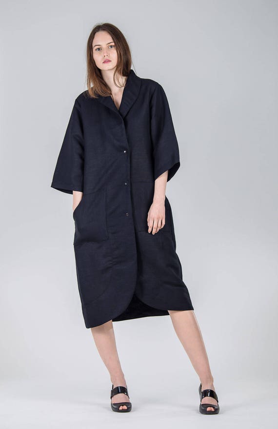 Linen Dress Oversized Pocket Black Woman s Dress Knee Length Coat Dress Summer Black Pocket Shapeless Dress Fasada 17090 Etsy