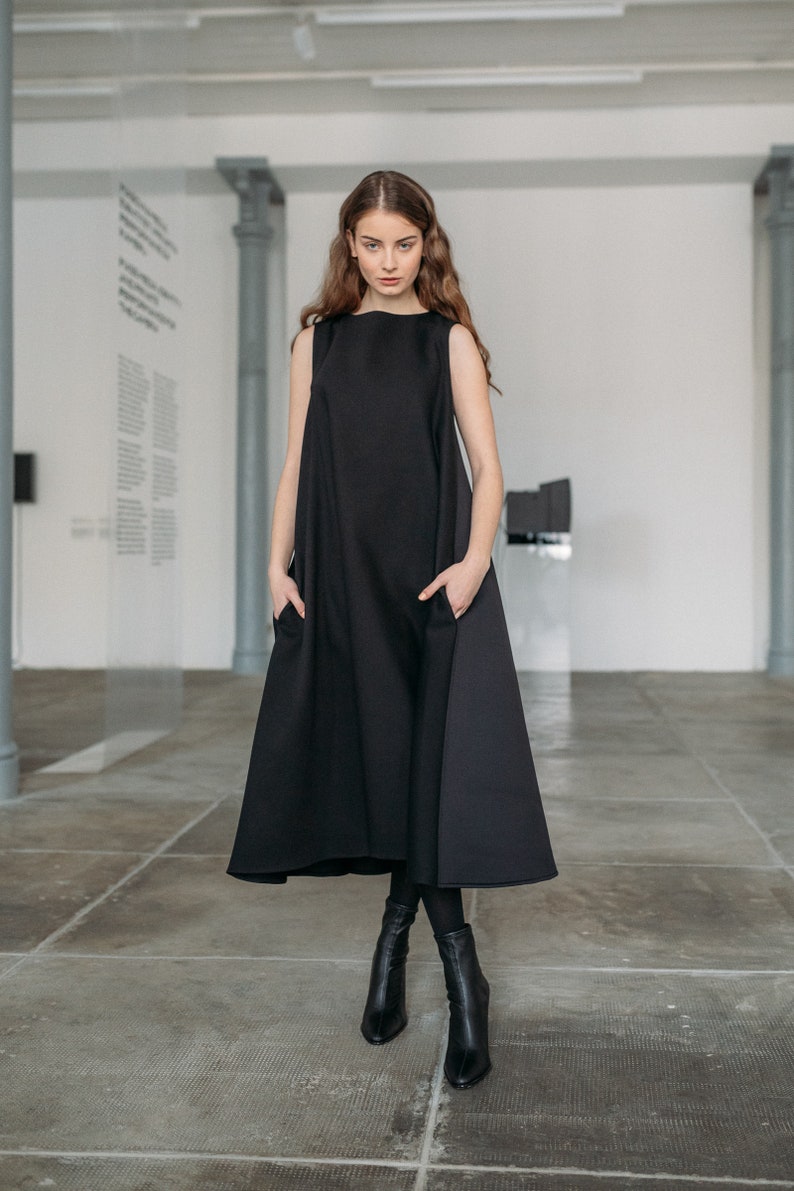 Beautiful woman midi dress / cotton and neoprene dress / tent oversized woman dress / avantgarde dress /minimalist black dress /Fasada 21120 image 4