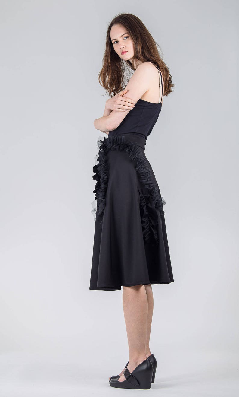 Black elegant skirt / Knee length high waist skirt / Special occasion woman's skirt / Frill detail handmade black skirt / Fasada 17095 image 2