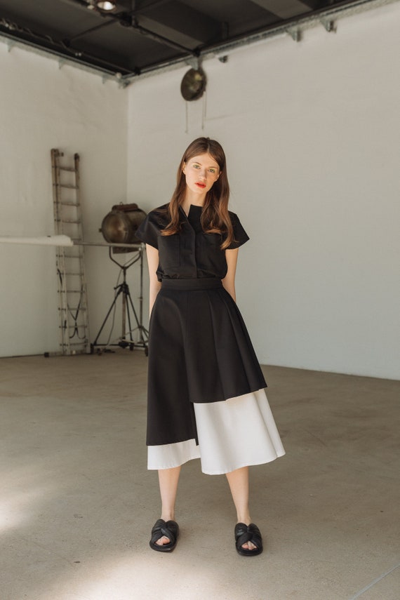 High waisted midi skirt black and white hotsell