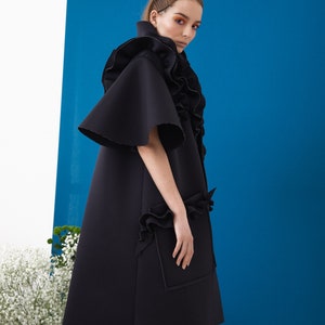 Beautiful Black Coat / Neoprene Voluminous Coat / Woman Unusual Pocket ...