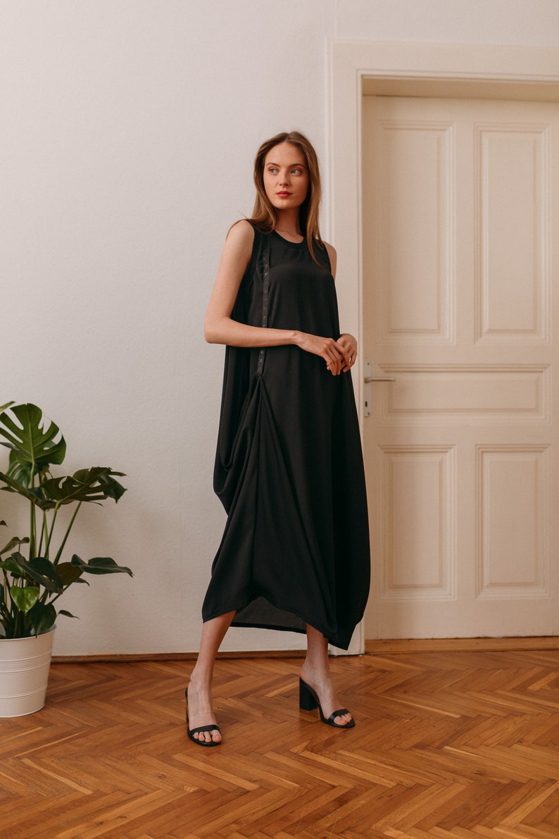 Woman's black long draped dress / loose fit black dress / lagenlook long sleeveless dress / special occasion elegant dress / Fasada 18072 image 3