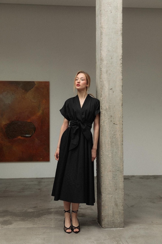 knee length dresses for ladies Embroidered Linen Blend Belted Black Midi Dress