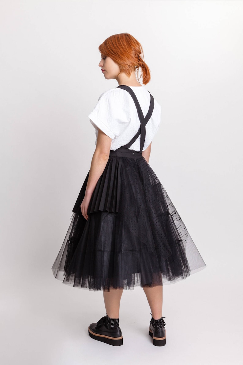 Woman's black tulle skirt / Unique pleated party skirt / Designer dungarees black skirt / Avantgarde skirt / Fasada 18016 image 3