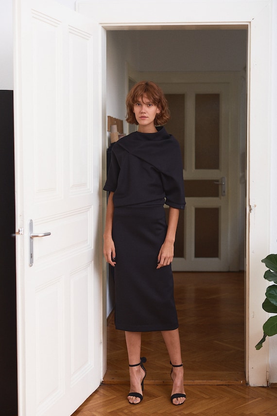 fitted black midi dress With You In Mind Black Beaded V-Neck Midi Dress