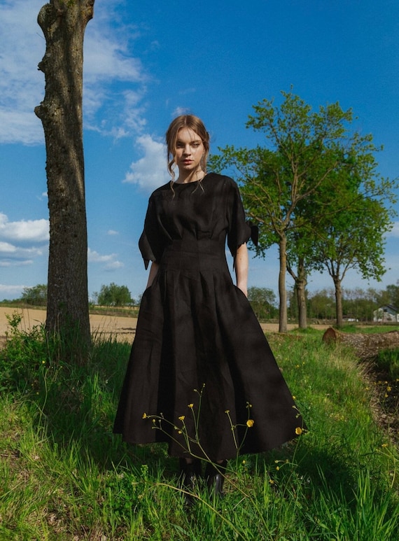 Woman Black Dress Midi Woman Dress Black Linen Dress Summer Unusual Dress Woman Linen Dress A Line Dress Plus Size Dress 22045 Etsy UK