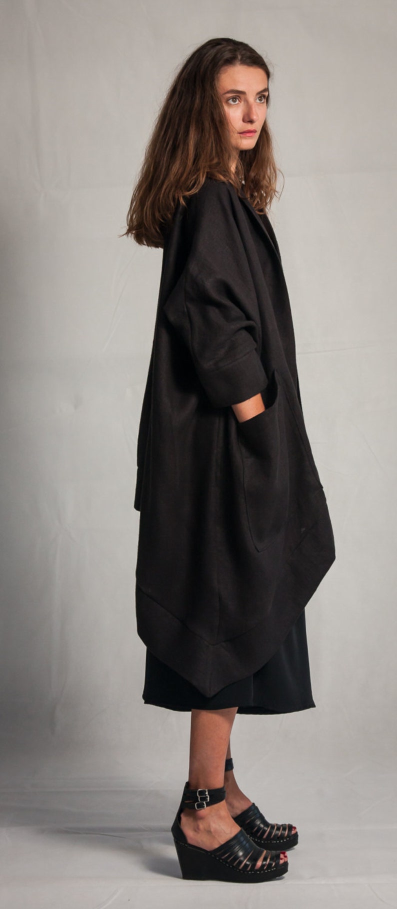 Linen oversized coat / Woman's shapeless cardigan / Loose fit cardigan / Summer long jacket / Black / White / Blue / Fasada 15058 image 2