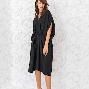 Amazing black woman's dress / midi plus size woman dress / kimono style v neck dress / summer long linen dress / Fasada 19015 image 4