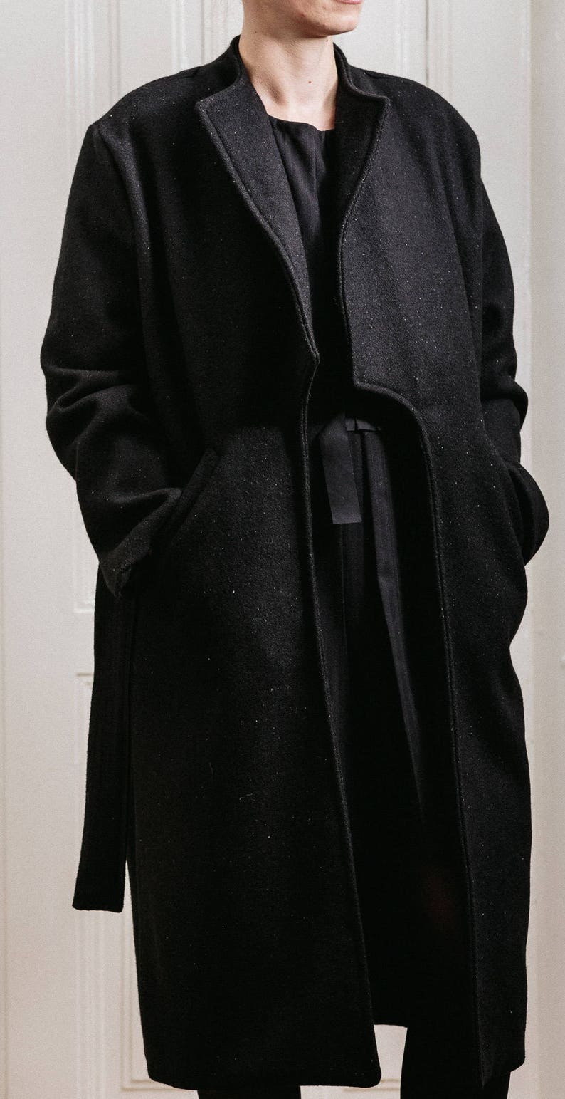Woman/'s winter black coat Warm long front pockets fashion coat Belt black woman/'s wool coat Elegant woman/'s long coat Fasada 15076-3