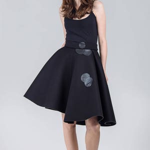 Woman's black skirt / Black neoprene high waist skirt / Leather detail voluminous skirt / Asymmetric black skirt / Fasada 17094 image 3