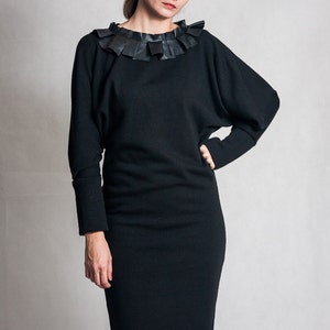 Black evening dress / Bat sleeve dress / Leather details dress / Elegant dress / Black pencil dress / Long sleeves black dress /Fasada 15092 image 3