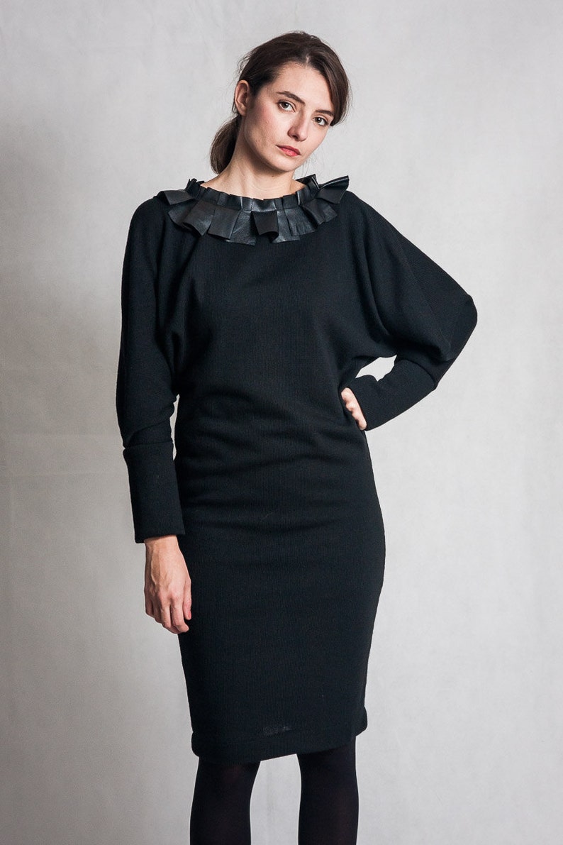 Black evening dress / Bat sleeve dress / Leather details dress / Elegant dress / Black pencil dress / Long sleeves black dress /Fasada 15092 image 3