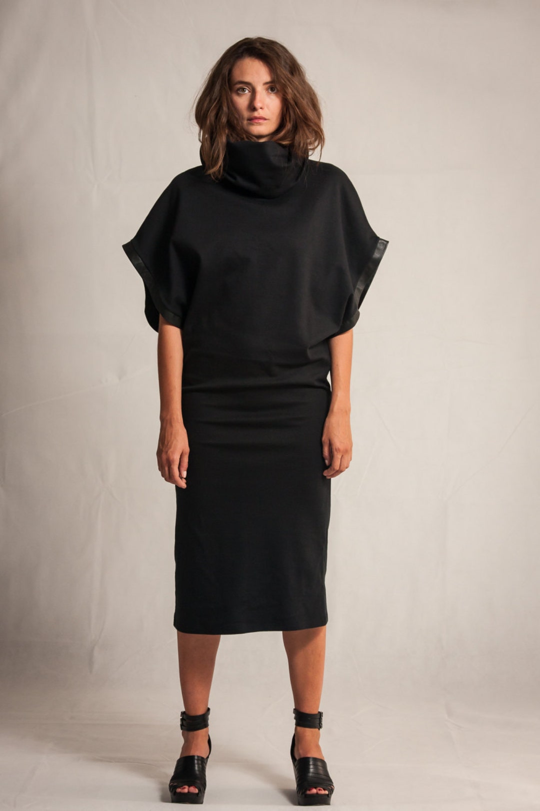 Black Cotton Midi Dress / Extra Big Sleeves Dress / Cowl Neck - Etsy