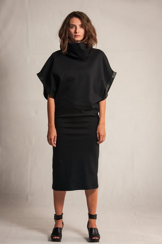 Black Cotton Midi Dress Extra Big Sleeves Dress Cowl Neck Dress Leather Details Dress Oversized Midi Dress Fasada 15004 Etsy UK