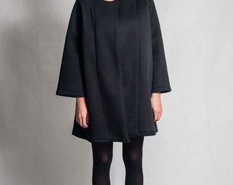 Black neoprene coat / Black minimalistic coat / Oversized black coat / Neoprene coat / Fasada 15081