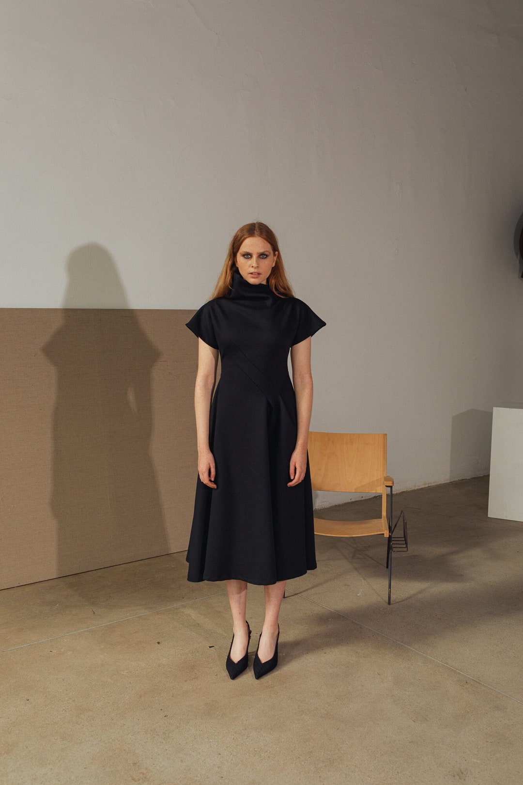 draped midi dress plus size Black Draped Midi Dress: Elegant Party Dress, Plus Size