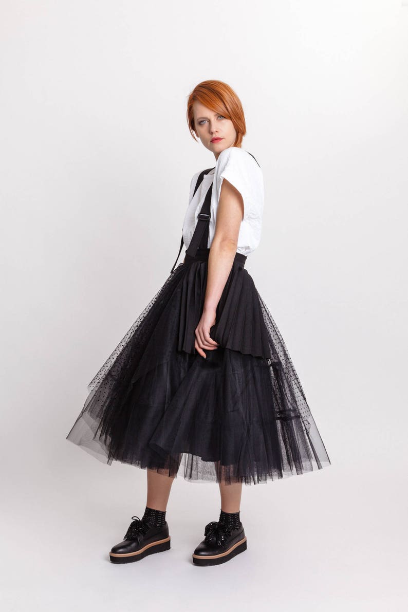 Woman's black tulle skirt / Unique pleated party skirt / Designer dungarees black skirt / Avantgarde skirt / Fasada 18016 image 4
