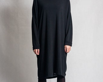 Black Viscose Oversized Dress / Woman's Black Knee Dress