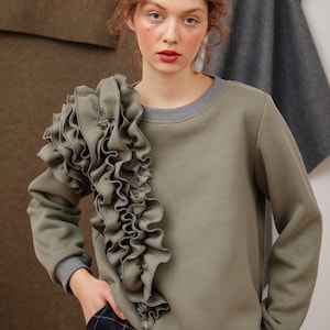 Woman&#39;s unusual frill sweatshirt / soft cotton winter vest / loose fit woman&#39;s shirt / voluminous sweatshirt / Fasada 18141