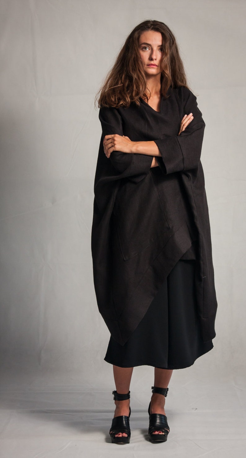 Linen oversized coat / Woman's shapeless cardigan / Loose fit cardigan / Summer long jacket / Black / White / Blue / Fasada 15058 image 3