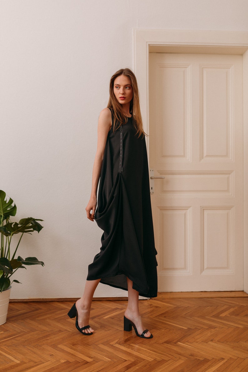 Woman's black long draped dress / loose fit black dress / lagenlook long sleeveless dress / special occasion elegant dress / Fasada 18072 image 4