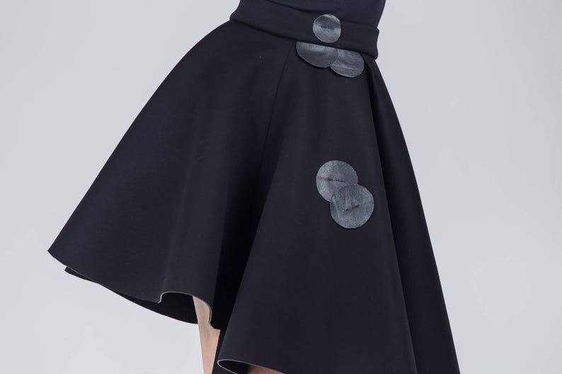 Woman's black skirt / Black neoprene high waist skirt / Leather detail voluminous skirt / Asymmetric black skirt / Fasada 17094 image 5