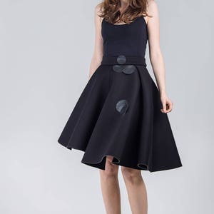 Woman's black skirt / Black neoprene high waist skirt / Leather detail voluminous skirt / Asymmetric black skirt / Fasada 17094 image 2