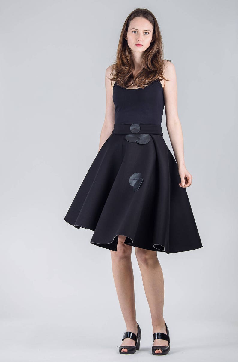 Woman's black skirt / Black neoprene high waist skirt / Leather detail voluminous skirt / Asymmetric black skirt / Fasada 17094 image 2