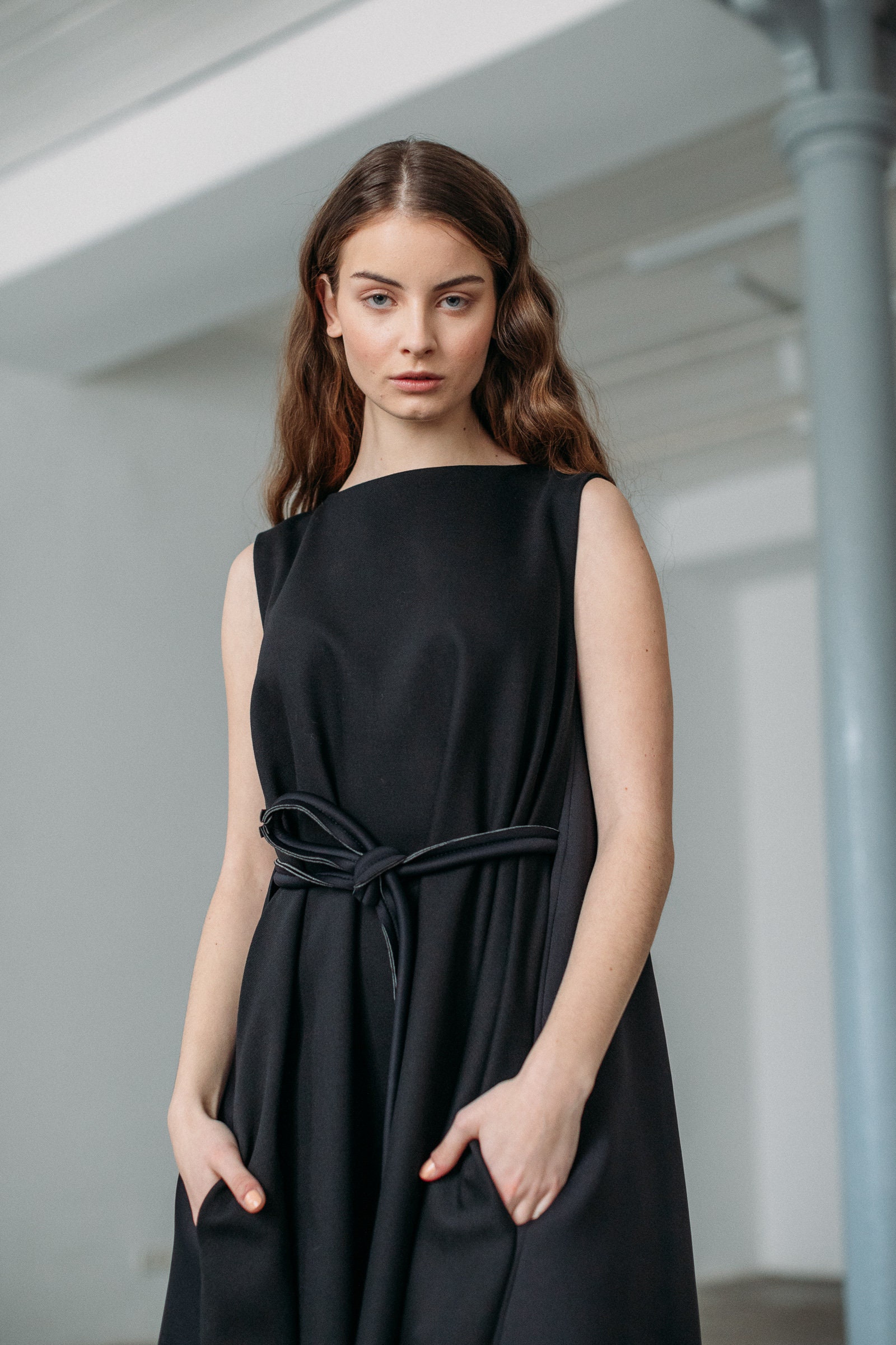 Black Neoprene Midi Dress/ Oversized Tent Dress with Belt and Pockets/ Fasada
