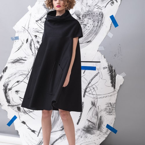Black Neoprene Cape Dress/ Elegant Party Fashion/ Pocket Plus Size