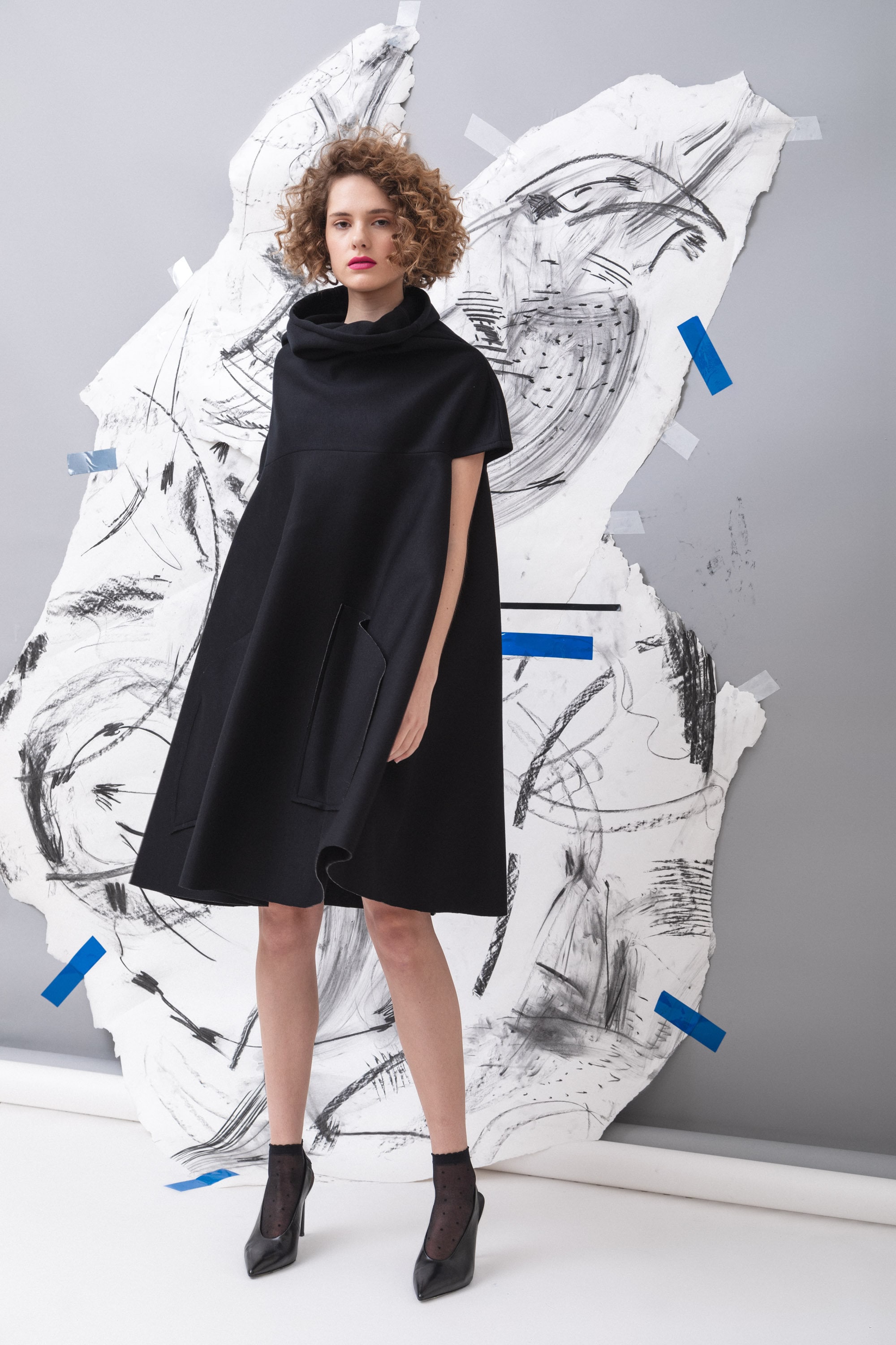 Black Neoprene Cape Dress/ Elegant Party Fashion/ Pocket Plus Size