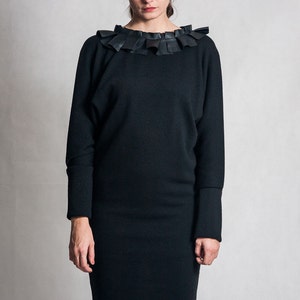 Black evening dress / Bat sleeve dress / Leather details dress / Elegant dress / Black pencil dress / Long sleeves black dress /Fasada 15092 image 2