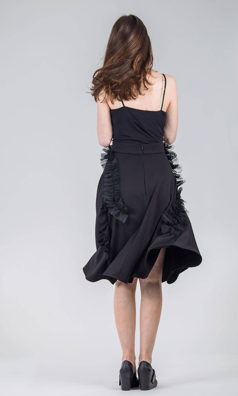 Black elegant skirt / Knee length high waist skirt / Special occasion woman's skirt / Frill detail handmade black skirt / Fasada 17095 image 3