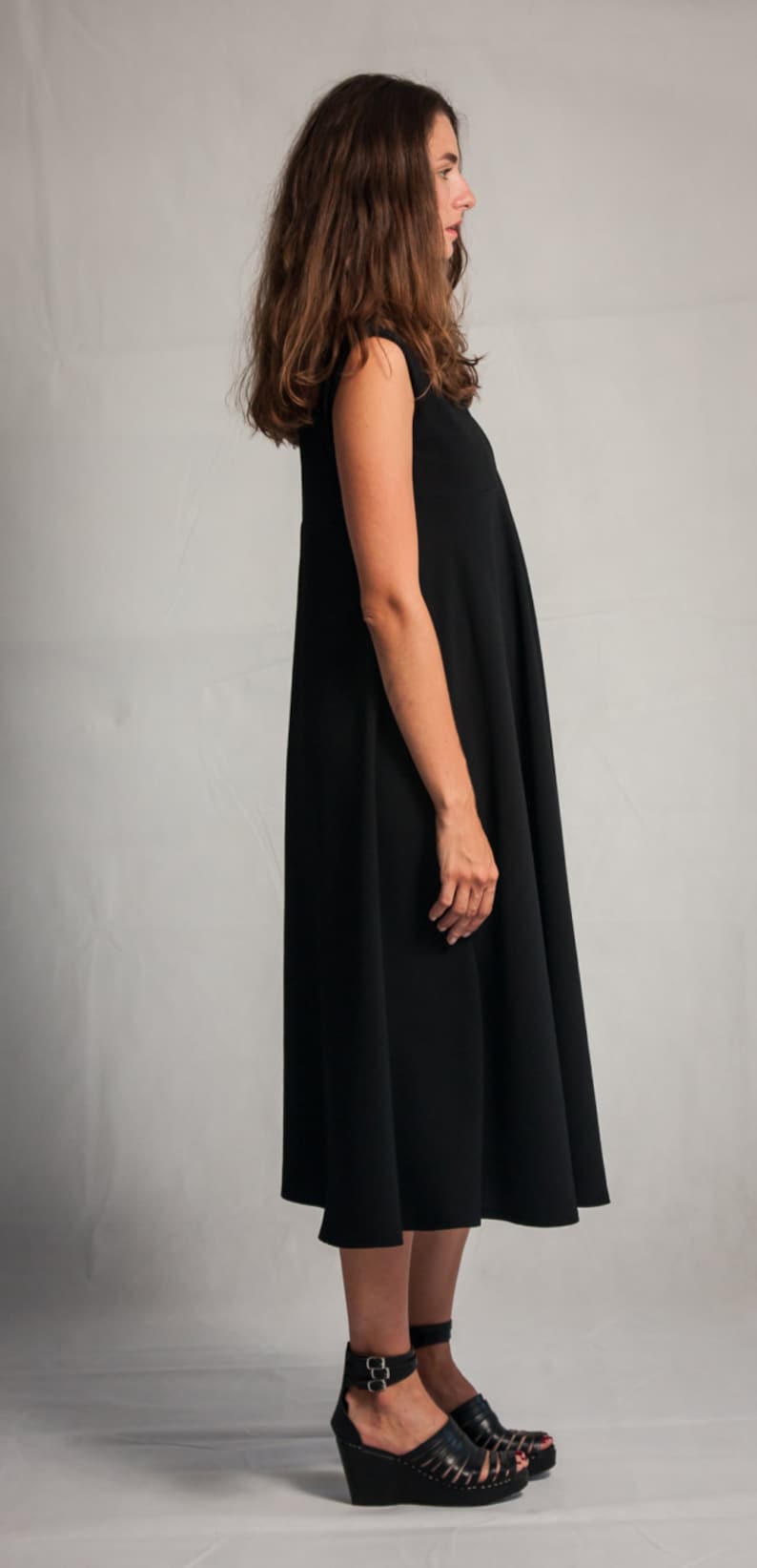 Black midi minimalistic dress Woman/'s long elegant dress Sleeveless dress Special occasion woman/'s dress Fasada 15056