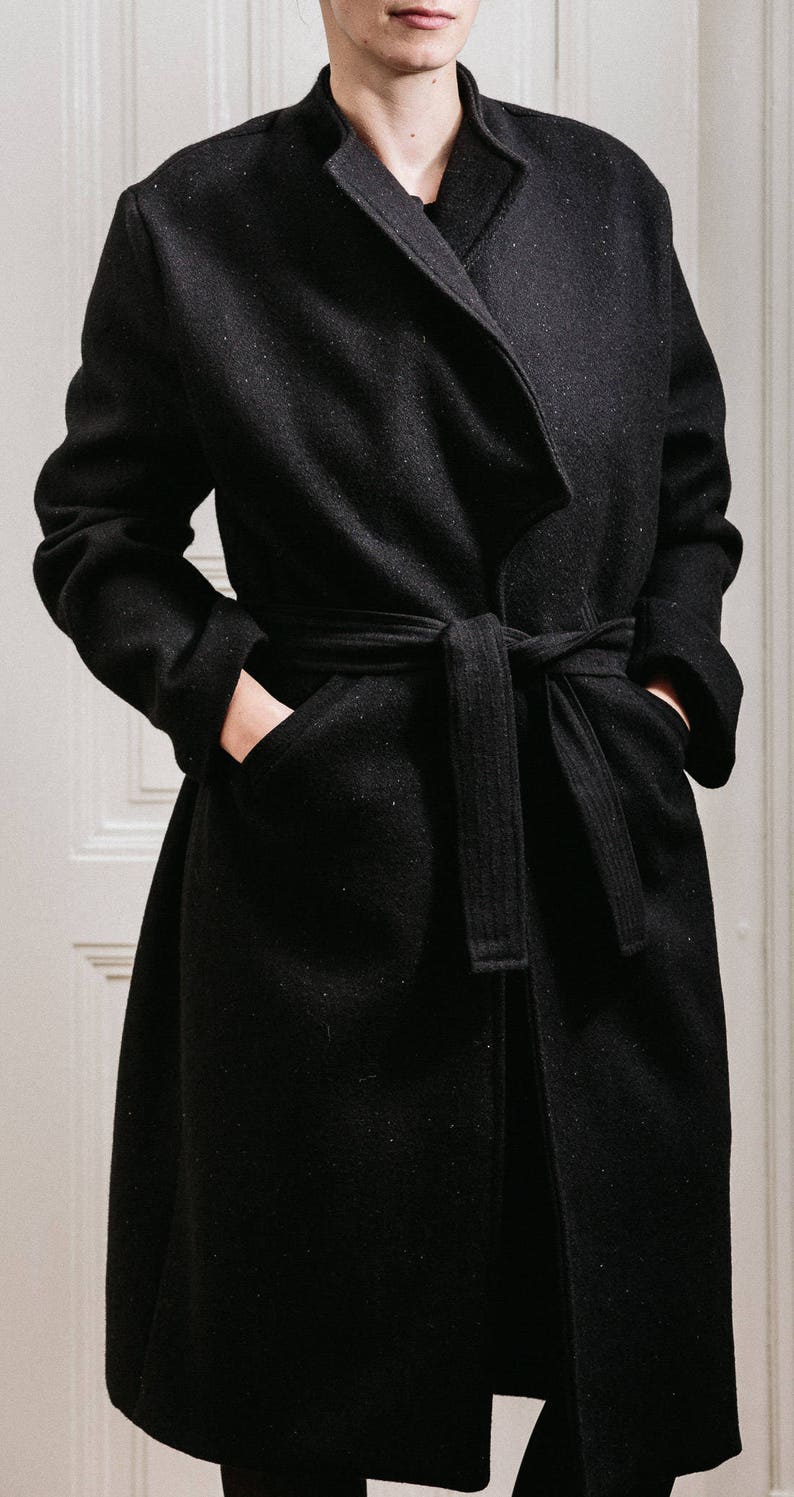 Woman/'s winter black coat Warm long front pockets fashion coat Belt black woman/'s wool coat Elegant woman/'s long coat Fasada 15076-3