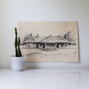 May include: Black and white line drawing of a building with a gabled roof and a porch. The building is surrounded by trees and grass.
