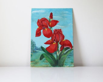 Vintage oil or acrylic on canvas board of red iris